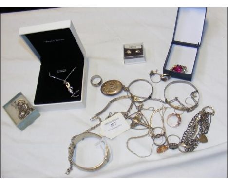 A silver bangle, earrings, together with other jewellery 