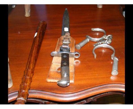 Antique bayonet with metal scabbard, together with truncheon and old Police handcuffs CONDITION REPORTno markings on truncheo