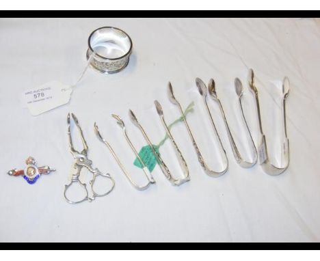 Silver sugar tongs, napkin ring, etc. 