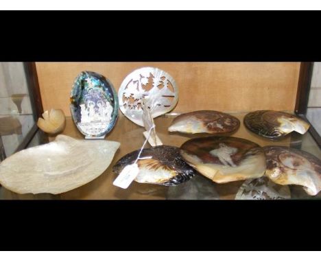 Selection of old carved oyster shells - some depicting fishermen 