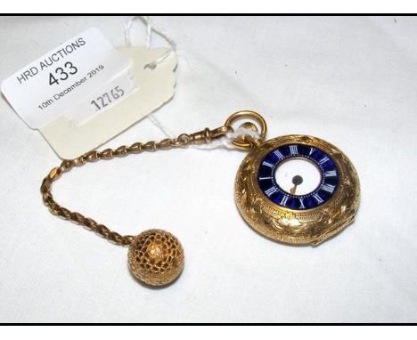 A lady's 18ct gold and enamel half hunter pocket watch with small 9ct gold chain CONDITION REPORT18k on dust coverno inscript