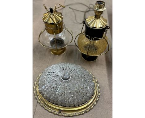 Two brass table lamps and a ceiling light 