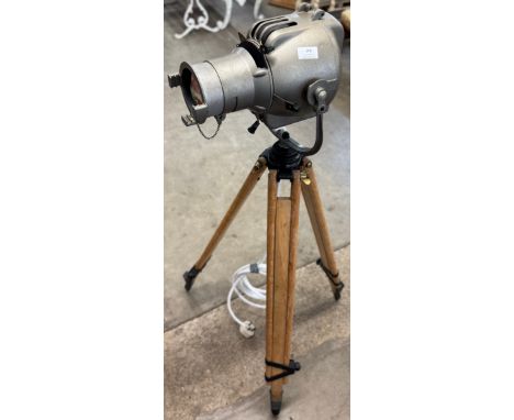 A Strand Electric galvanised metal stage light on tripod stand 