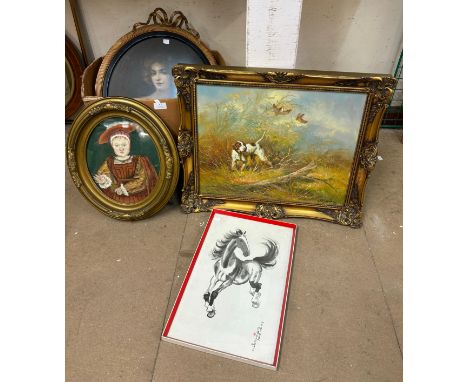Assorted oil paintings and prints, including a collage portrait of Edward Prince of Wales, son of Henry VIII, framed