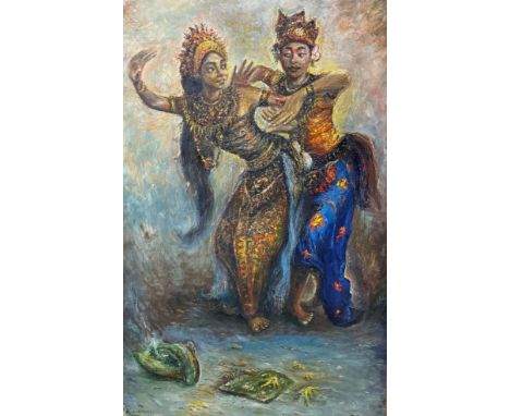 K. Wivada ( Indonesian school), Oleg Balinese dancers, oil on canvas, bearing UN plaque, framed