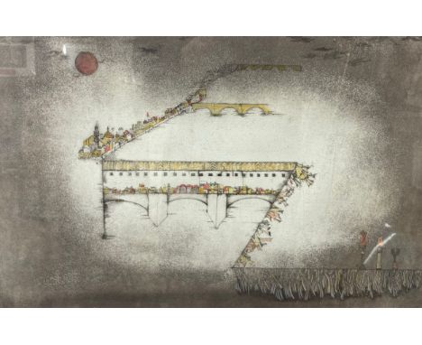 French School, abstract, etching with aquatint, indistinctly signed, framed