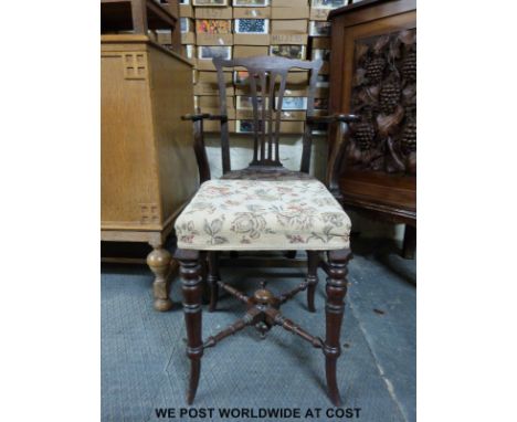 An oak coffee table, another table with tripod base, antique country armchair and a stool with turned legs and stretchers