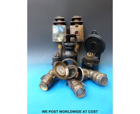 A BR tri colour railway lamp, pair of coach lamps, three acetylene bicycle lamps and a hand lamp 