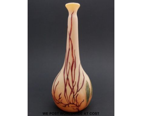 Legras & Cie cameo glass vase of compressed globe and shaft form with flared neck decorated with seaweed on peach ground, sig