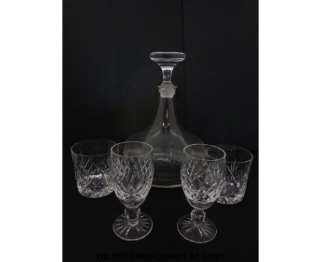 Seven Waterford crystal port glasses; two Waterford tumbles, six Stuart crystal tumblers and a Dartington decanter