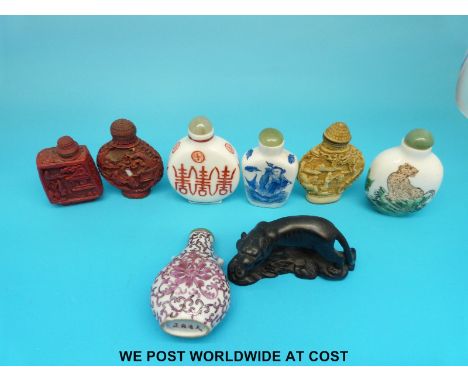 Two Chinese cinnabar lacquer style scent bottles, four Chinese ceramic etc 