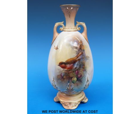 A late 19thC Royal Worcester pedestal vase, hand-decorated with a robin among rosehips and a berry cartouche verso, signed Ba