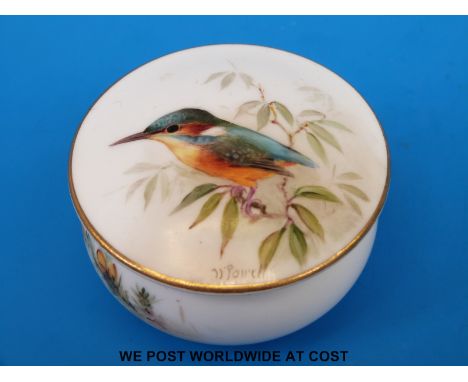 A larger Royal Worcester pill box hand decorated with a kingfisher and signed Powell, puce mark (4.5cm tall, diameter 6.5cm)