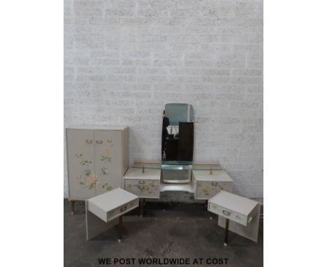 A suite of painted G plan furniture comprising cupboard (W76 x D43 H 120cm), dressing table (W145 x D42 x H150cm) stool and a