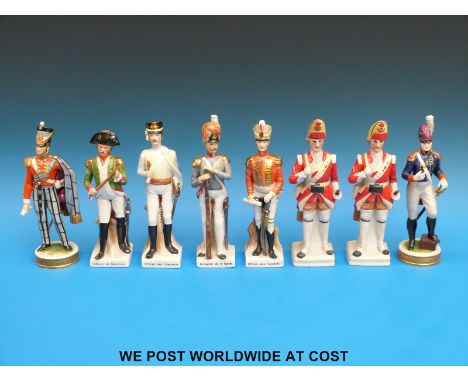 Eight ceramic military figures, two in the form of decanters and two marked with a crown-topped K to the base