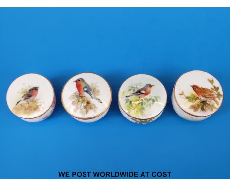 Four Royal Worcester miniature pill boxes, all hand decorated with birds and with puce marks, one signed Powell (2.5cm tall, 
