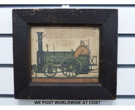 A 19thC pen, ink and watercolour steam locomotive 'Hecate' inscribed Drawn by Michael Bishop, Derby 1852, Midland Counties Ra