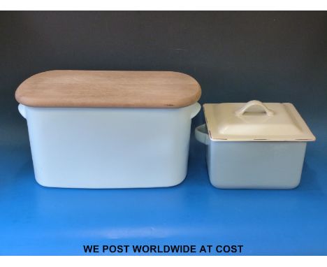 A large ceramic bread bin with wooden lid (44cm long) and a square ceramic lidded crock (24cm square)