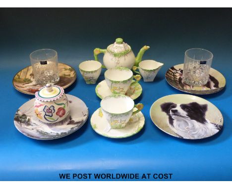 An Art Deco 'Tea for Two' set with leaf handles, Poole preserve pot, Royal Worcester crystal tumblers etc