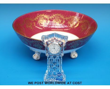 A Coalport bowl raised on three legs (diameter 26cm) and an Edinburgh Crystal clock