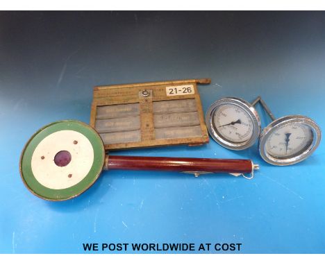 A German railway carriage reservation board, hand signalling lamp and two Rototherm temperature gauges 