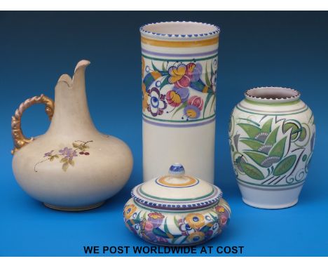 Three pieces of Poole pottery and a Worcester style jug