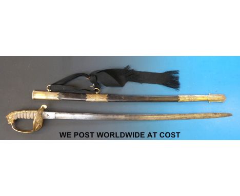 An 1827 pattern Naval Officer's sword with shagreen handle and brass mounted leather scabbard 