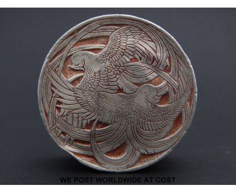 Lalique Fleur D'amour aluminium powder box c1910 designed by R. Lalique for Roger Et Gallet of Paris decorated with birds of 