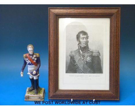 Ceramic figure The Napoleonic Marshal Auguste de Marmont Duke of Ragusa, with framed picture of him
