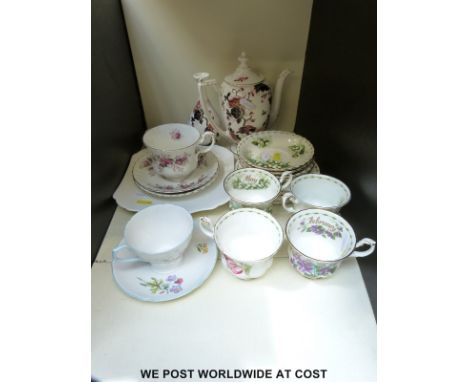 Decorative cups and saucers including Shelley, Royal Albert, Coalport etc 