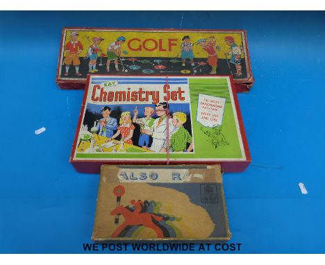 A vintage indoor golf game together with a Chad Valley horse race game and a Kay chemistry set, all in original boxes