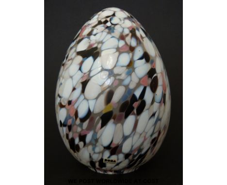 Kosta Boda glass lamp shade of egg shape with white, pink, blue and black mottled decoration, with original label (19cm tall)