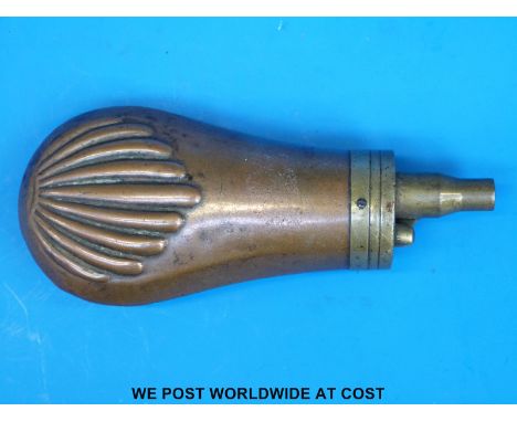 A brass mounted embossed copper powder / shot flask, length 11.5cm