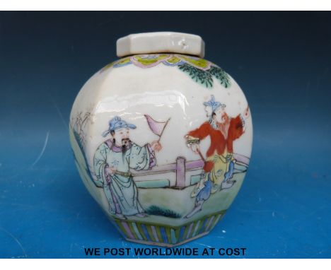 A 19thC Chinese octagonal tea caddy and cover decorated with court scenes (13cm tall)