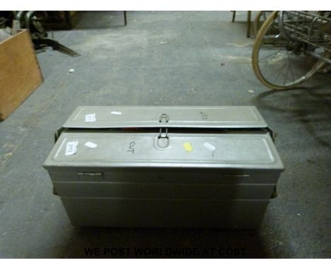 A tool box containing woodworking tools etc including clamps, files, hand drill etc