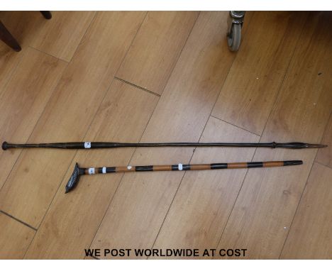 A horn and alternating wooden walking stick with a horn handle modelled as a bird and a carved hardwood spear 