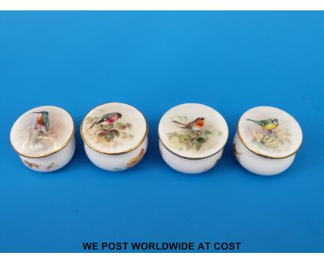 Four Royal Worcester miniature pill boxes all decorated with birds all signed Powell and with puce marks (2.5cm tall, 3.5cm d