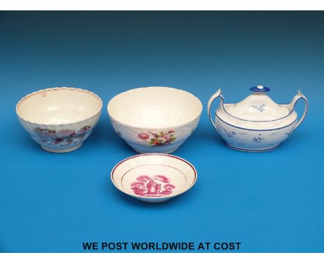 An 18thC pedestal slop bowl with chinoiserie decoration, probably Newhall, a Coalport Feldspar relief moulded bowl, a twin ha