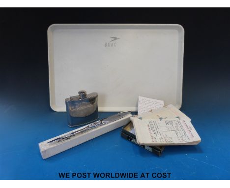 A BOAC tray, Spirit of St Louis propeller letter opener and hip flask and a booklet of photos and notes referring to the Hawk