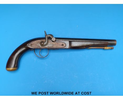 A hammer action percussion pistol with brass mounts, lock named Edgecump, Poole and 9" barrel, overall length 39cm