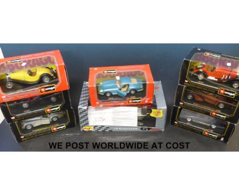 Seven Burago 1:24 scale diecast model vehicles together with a Maisto GT Racing 1:18 scale Mercedes CLK- GTR all in original 