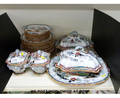 A small parcel of Ashworth Ironstone dinnerware to include nine 18cm plates, twelve 24cm plates, seven 26cm plates, two veget