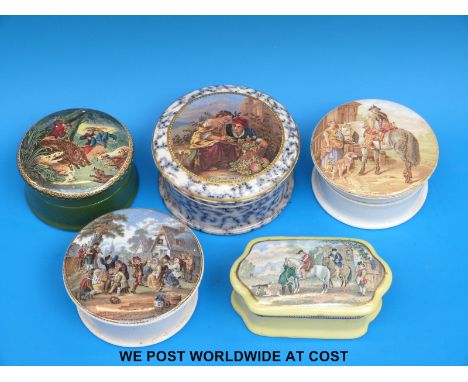 Four lidded Prattware paste pots including hunting scenes, village wedding, Murillo Pinx etc, together with a trinket dish