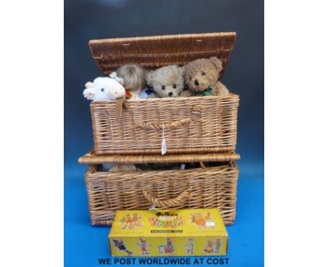 Two wicker hampers containing a collection of soft toys including Dean's bears, Pelham puppet in original box etc.