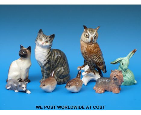 A collection of small ceramic figures including Karl Ens owl, Lomonosov, Beswick, Copenhagen etc