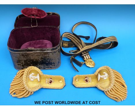 A cased pair of Victorian naval epaulettes in original Matthews & Co Outfitters, Portsea metal case named E.E Mahorn and a Gi