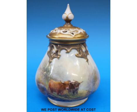 A Royal Worcester pedestal pot pourri and cover hand-decorated with Highland cattle and signed Harry Stinton, puce Worcester 