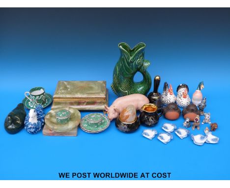 A collection of ceramic animals including Beswick, Disney Wade Whimsies, Chinese tea ware, Prinknash Pottery, an onyx desk se