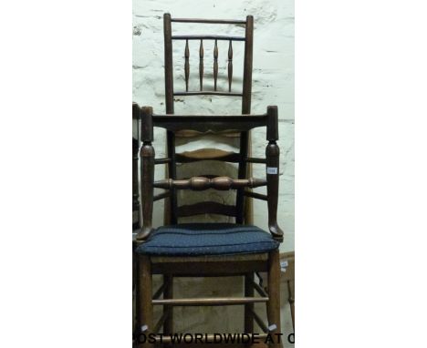 Two oak tables/stools and a ladder back chair and one other. 