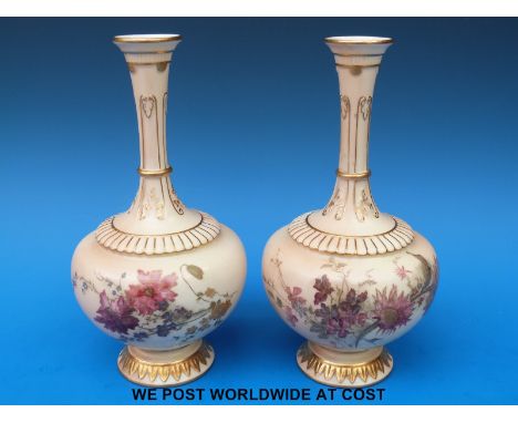 A pair of Royal Worcester blush ivory vases, pattern no 1620, painted with flowers and with raised gilt decoration (22cm tall